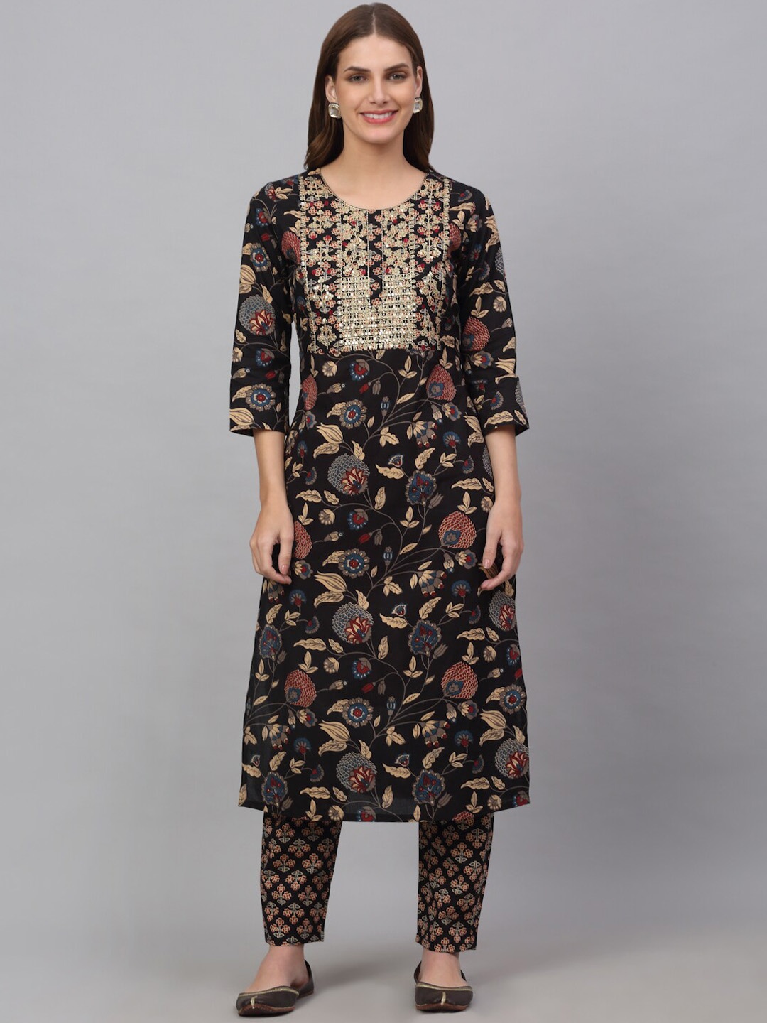 

KALINI Women Floral Printed Sequined Pure Cotton Kurta with Trousers & Dupatta, Black