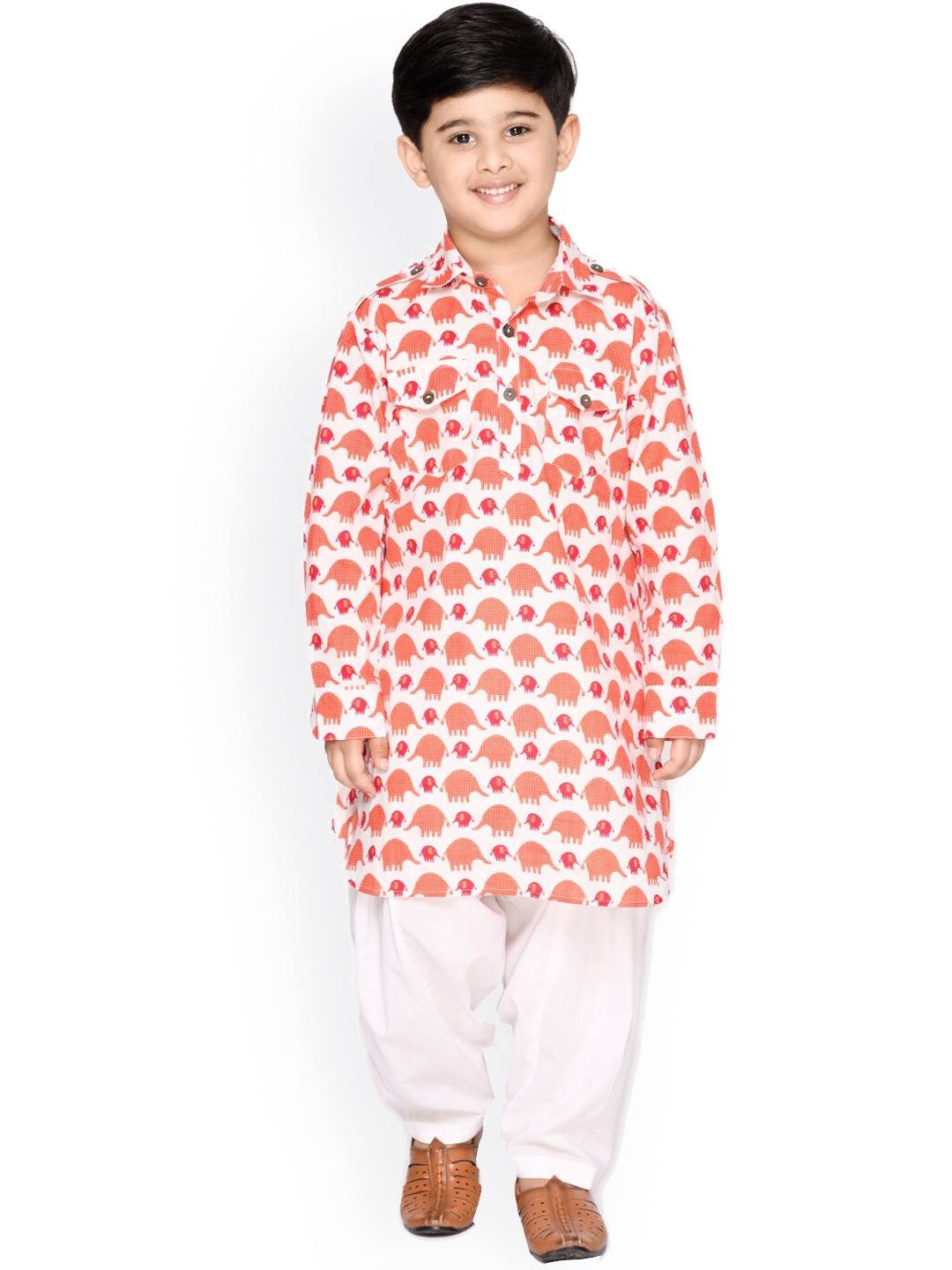 

SAKA DESIGNS Boys Printed Shirt collar Pure Cotton Kurta with Salwar, Orange