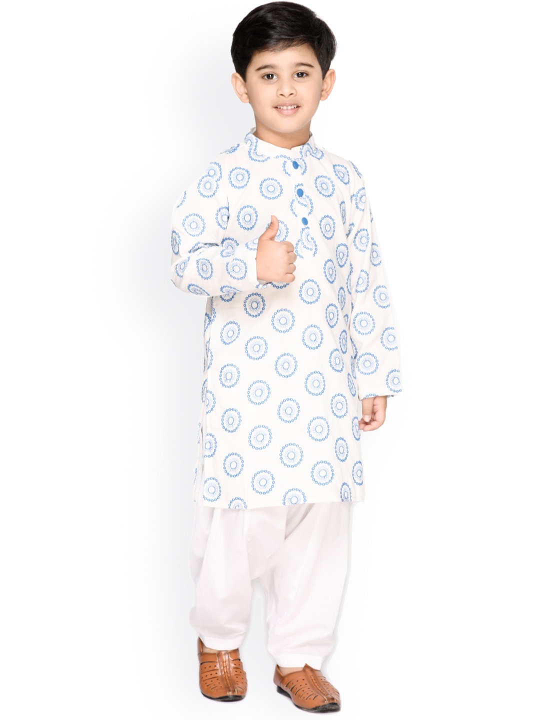

SAKA DESIGNS Boys Ethnic Motifs Printed Pure Cotton Kurta with Salwar, White