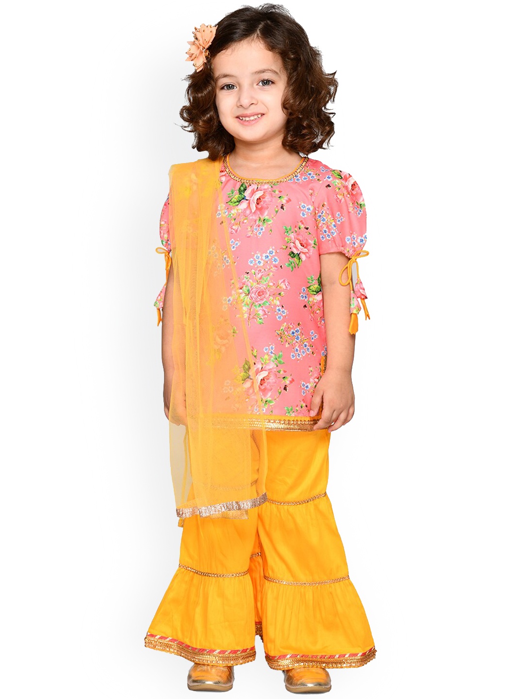 

SAKA DESIGNS Girls Floral Printed Pure Cotton Kurta with Sharara & Dupatta, Yellow