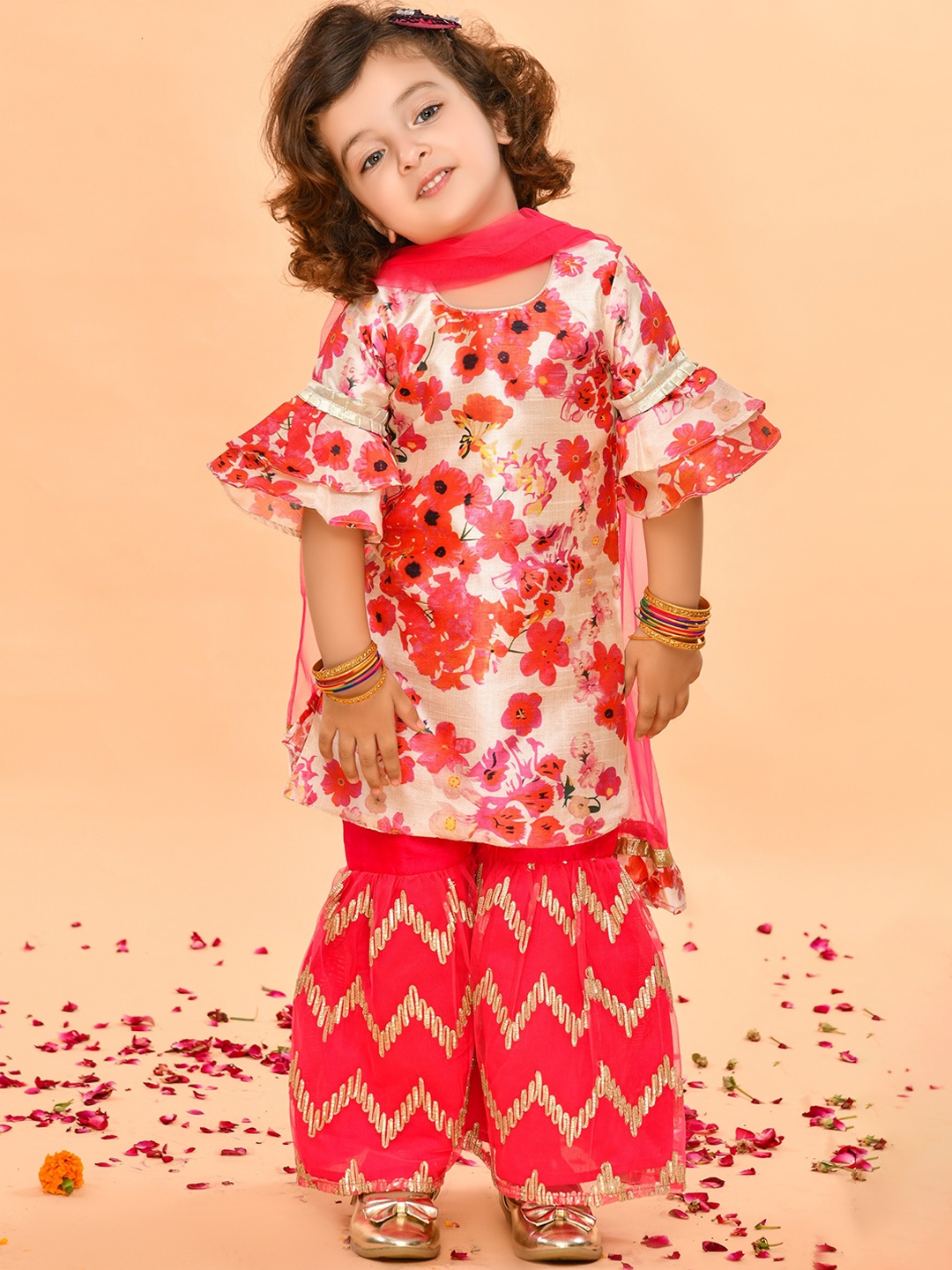 

SAKA DESIGNS Girls Bell Sleeves Floral Printed Kurta with Sharara & Dupatta, Pink