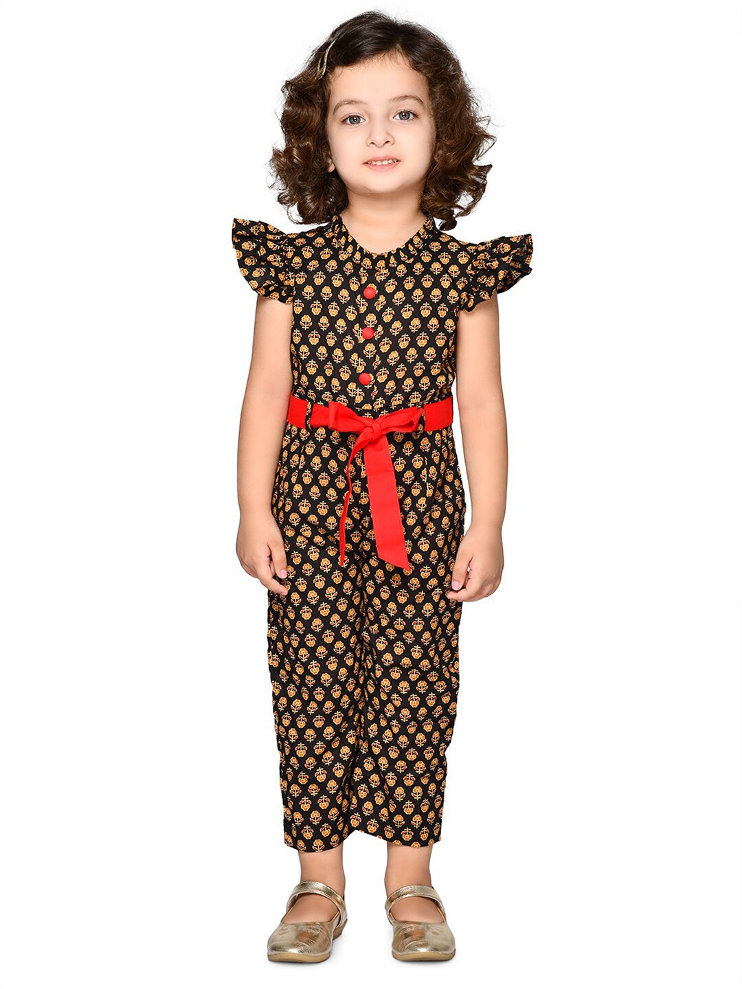 

SAKA DESIGNS Girls Printed Cotton Basic Jumpsuit With Belt, Black