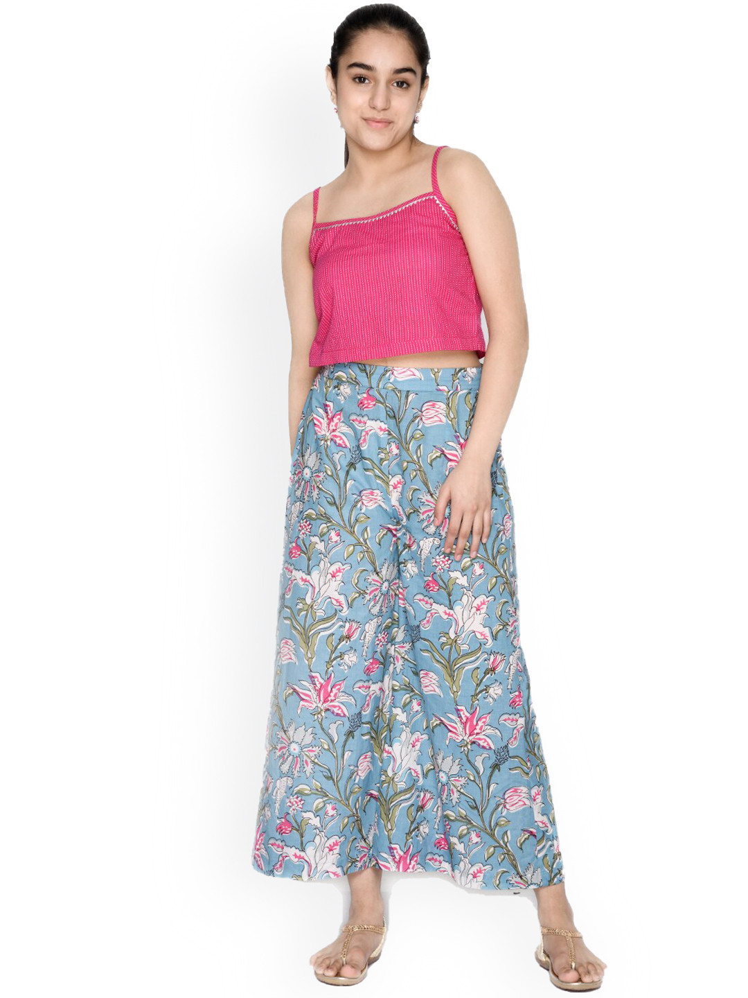 

SAKA DESIGNS Girls Printed Pure Cotton Crop Top With Palazzo, Magenta
