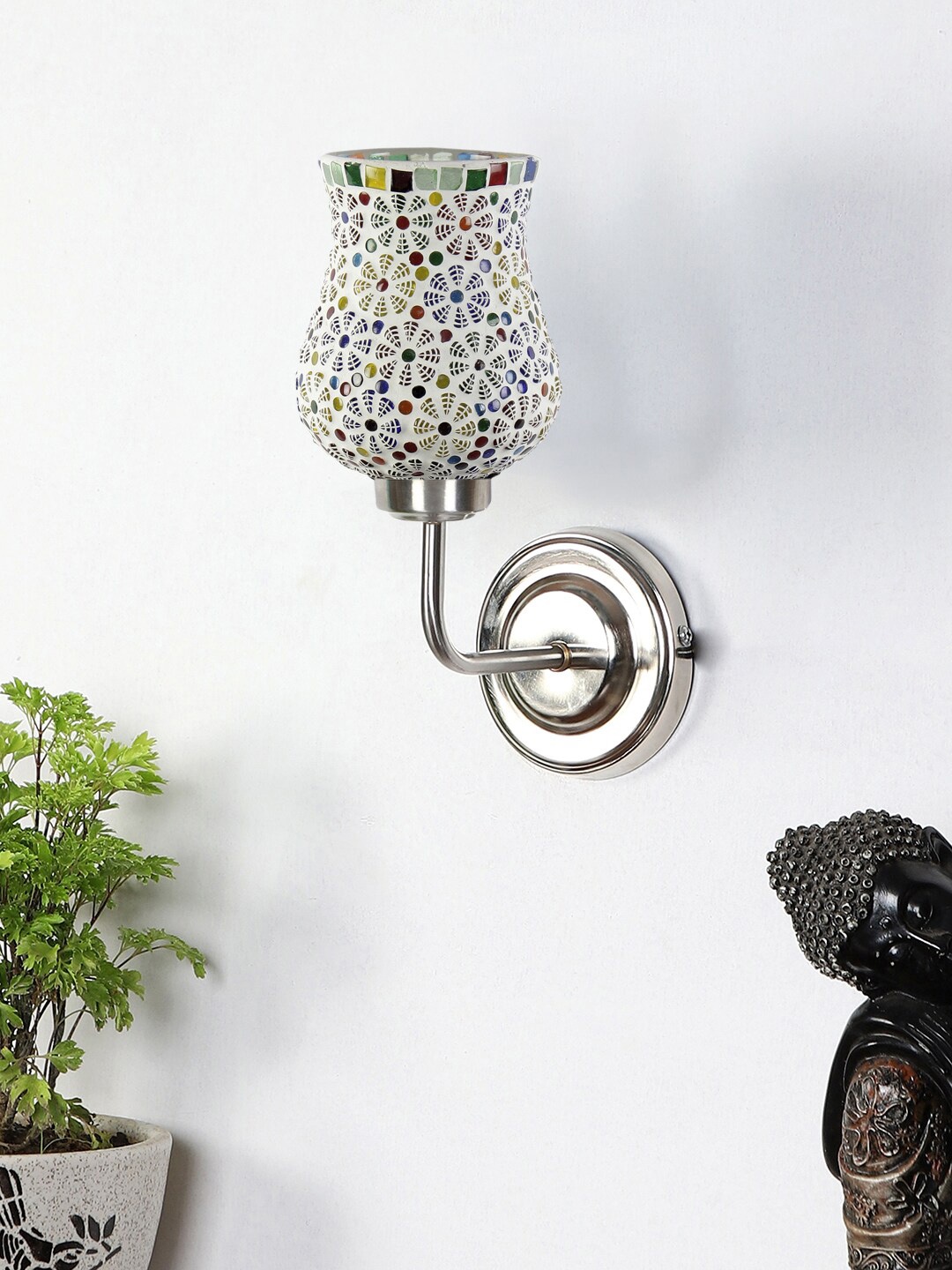 

Devansh White & Red Mosaic Glass Shade Wall Mounted Lamp with Iron Base