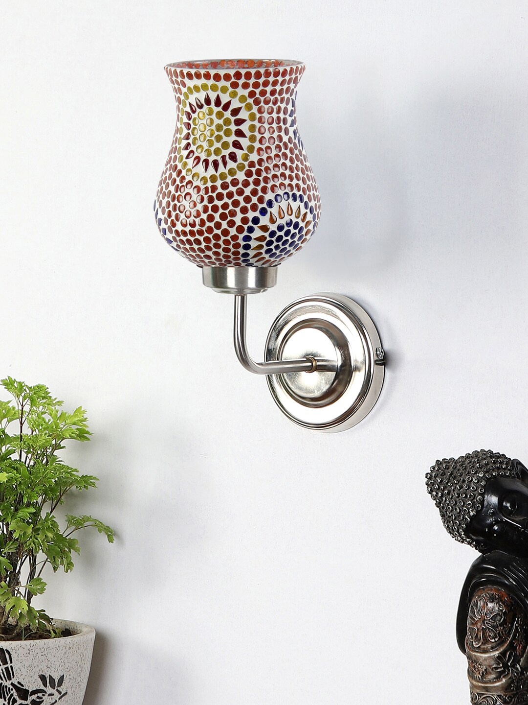 

Devansh White & Red Mosaic Glass Shade Wall Mounted Lamp with Iron Base