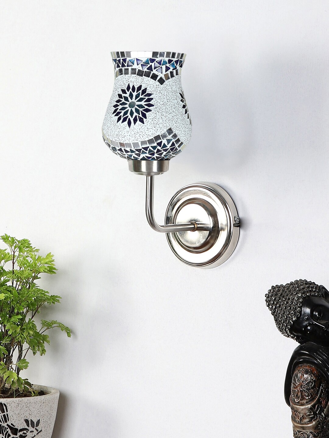 

Devansh White & Blue Mosaic Glass Shade Wall Mounted Lamp with Iron Base