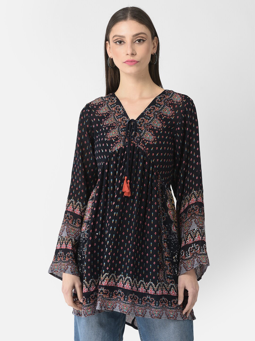 

VELDRESS Print Tie-Up Neck Empire Longline Top, Blue