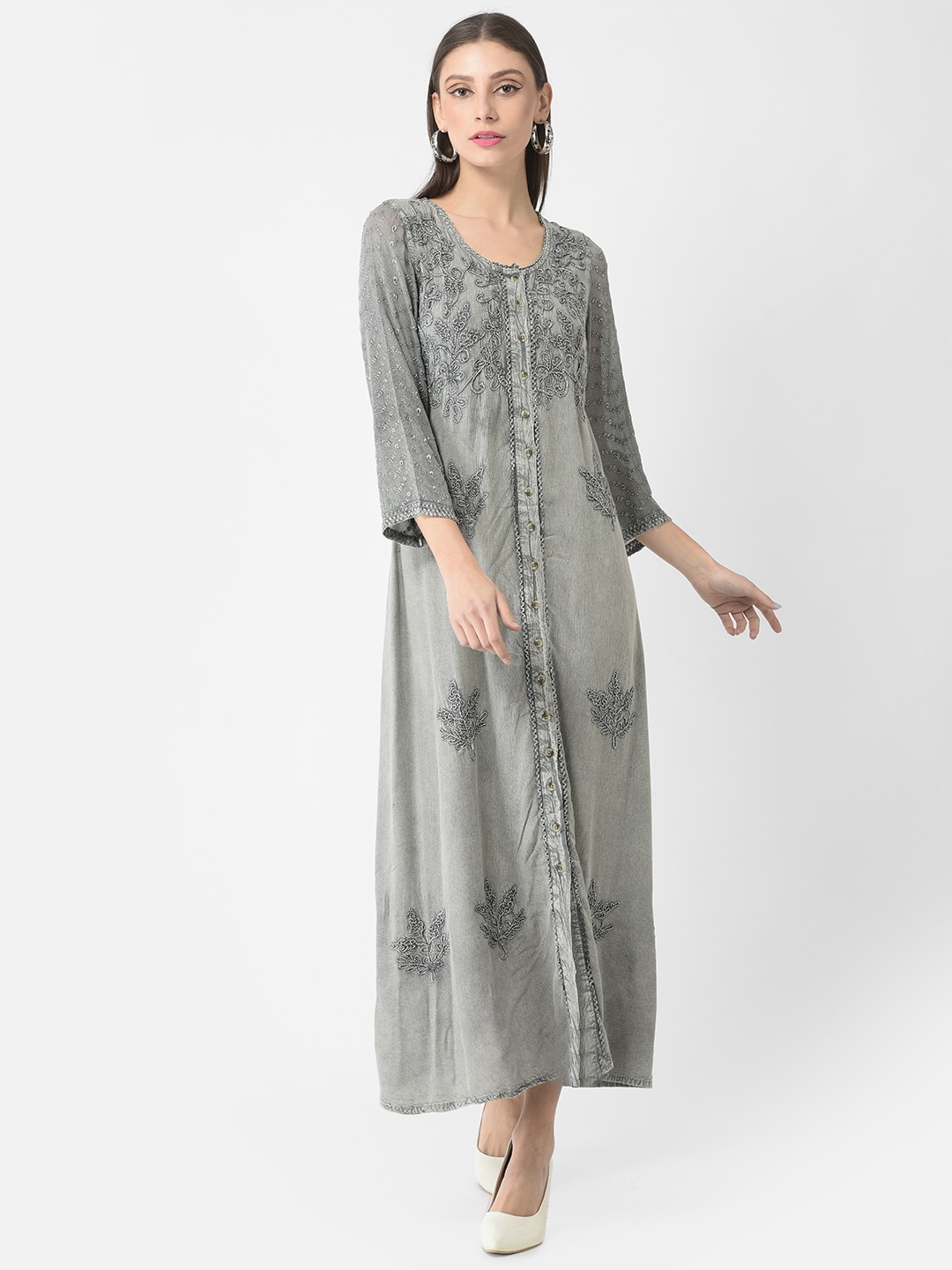 

VELDRESS Floral Embroidered Shirt Dress, Grey