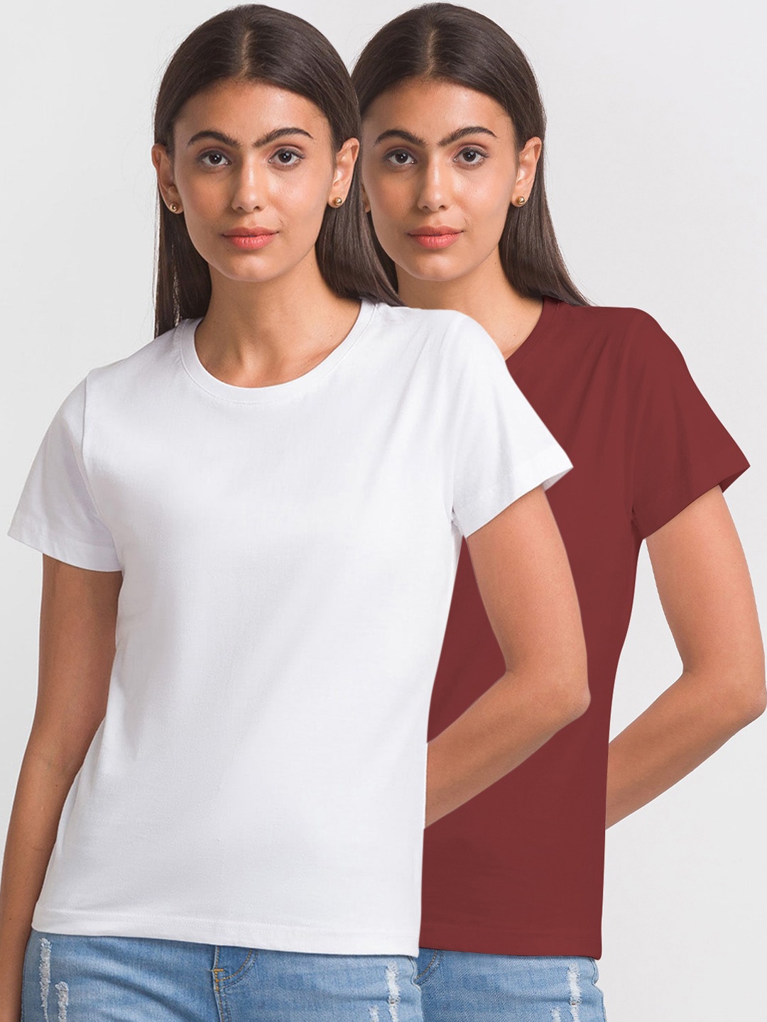 

FashionRack Women Pack Of 2 Round Neck Cotton T-shirt, White