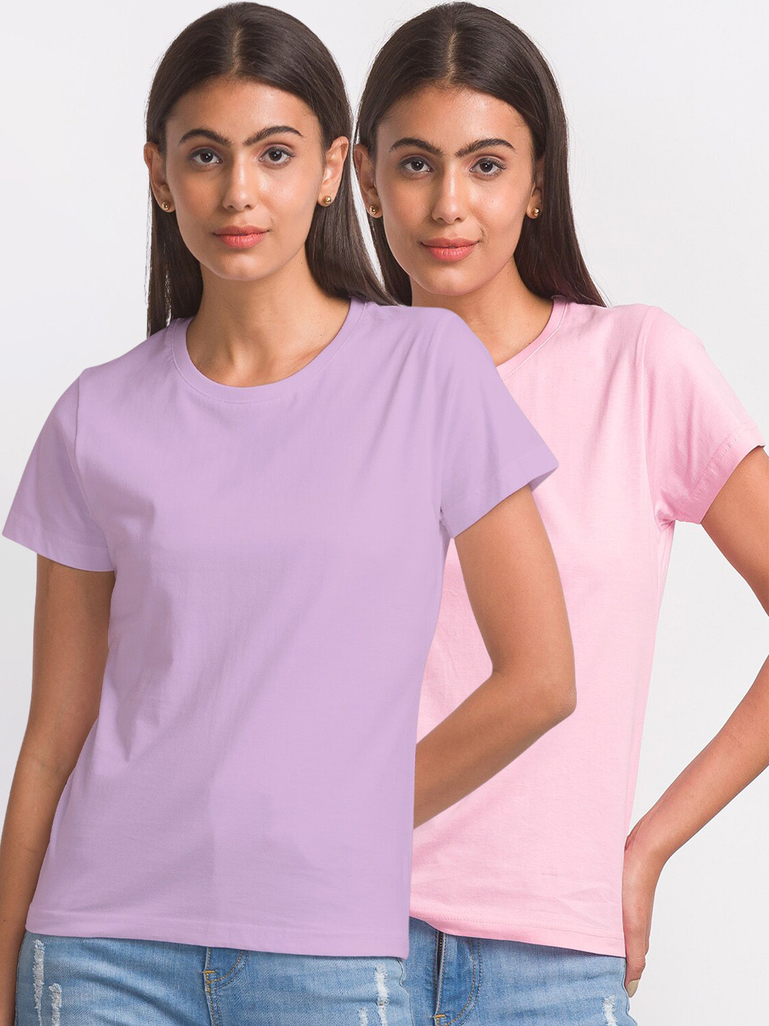 

FashionRack Women Pack Of 2 Round Neck Cotton T-shirt, Pink