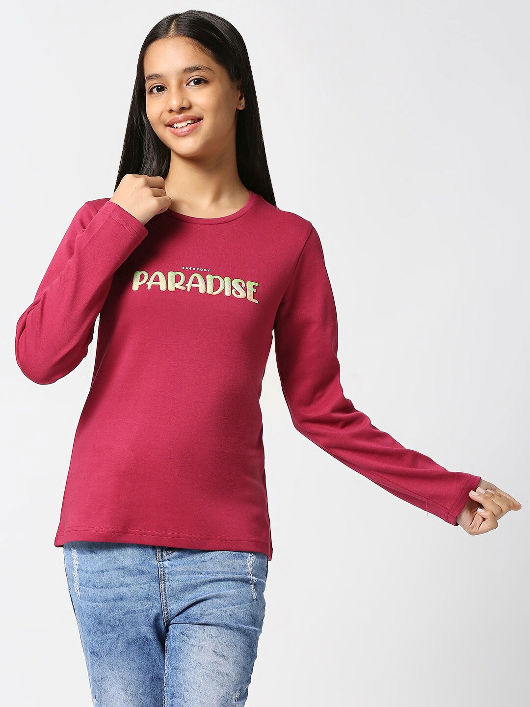 

JUSTICE Girls Typography Printed Long Sleeve Cotton T-shirt, Maroon