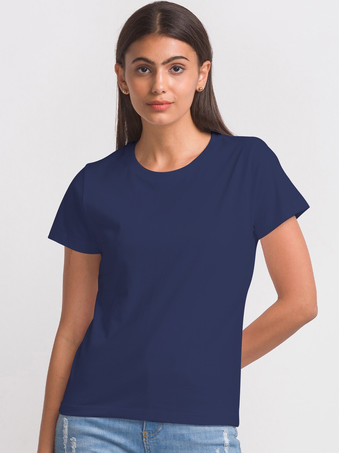 

FashionRack Women Round Neck Pure Cotton T-shirt, Navy blue