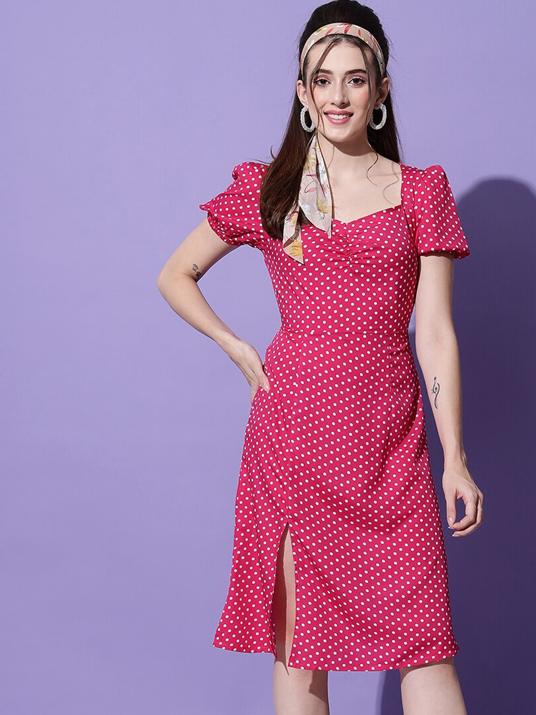 

emeros Polka Dots Print Puff Sleeves Crepe Sheath Dress, Rose
