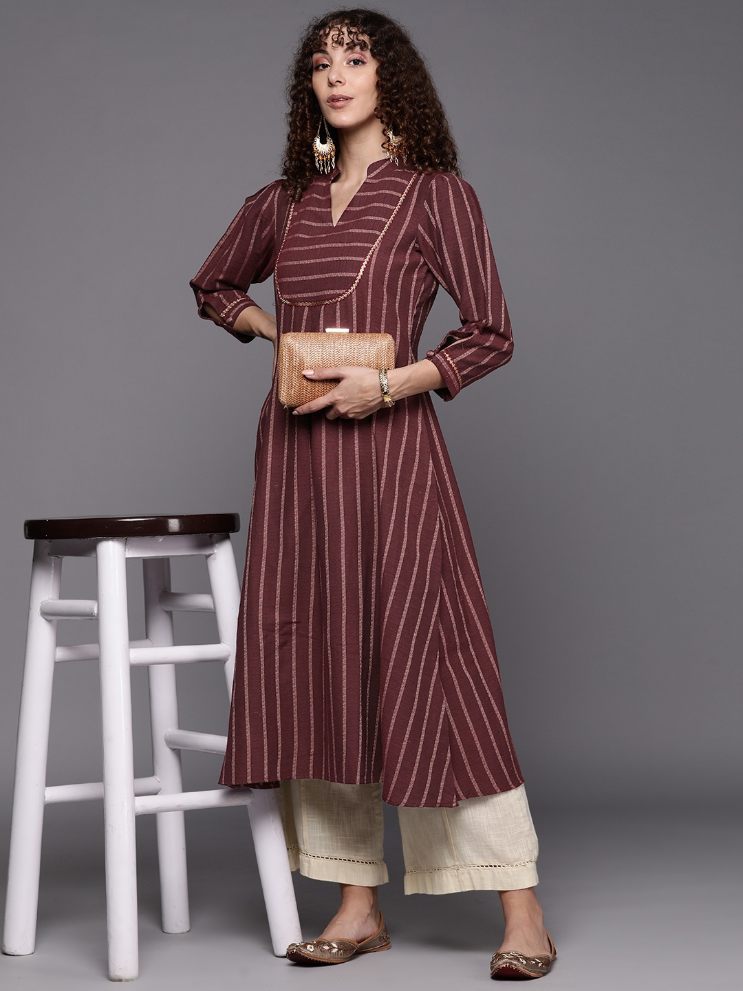

Inddus Women Striped Cotton Kurta, Maroon