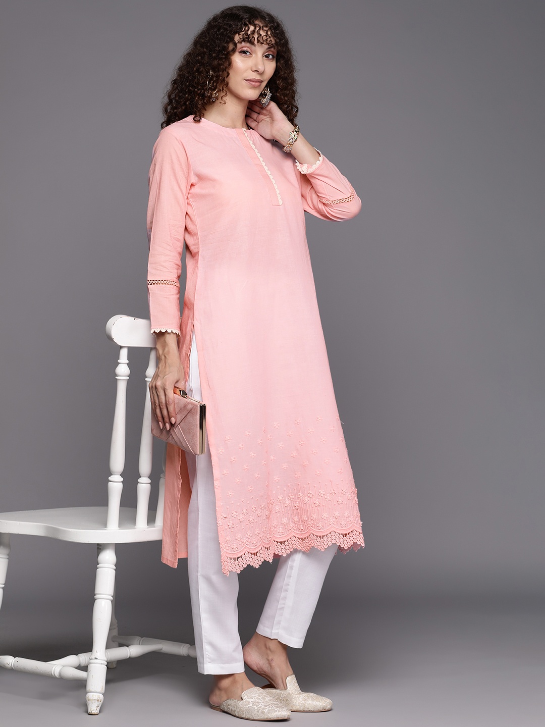 

Inddus Women Floral Embroidered Chikankari Thread Work Kurta with Trousers, Pink