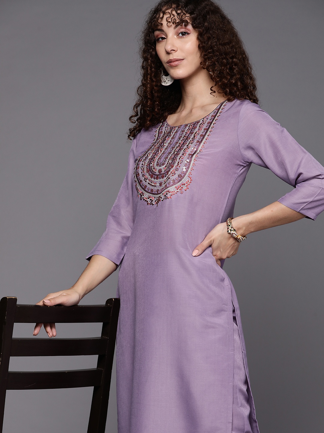 

Inddus Women Floral Yoke Design Sequinned Kurta with Trousers, Lavender