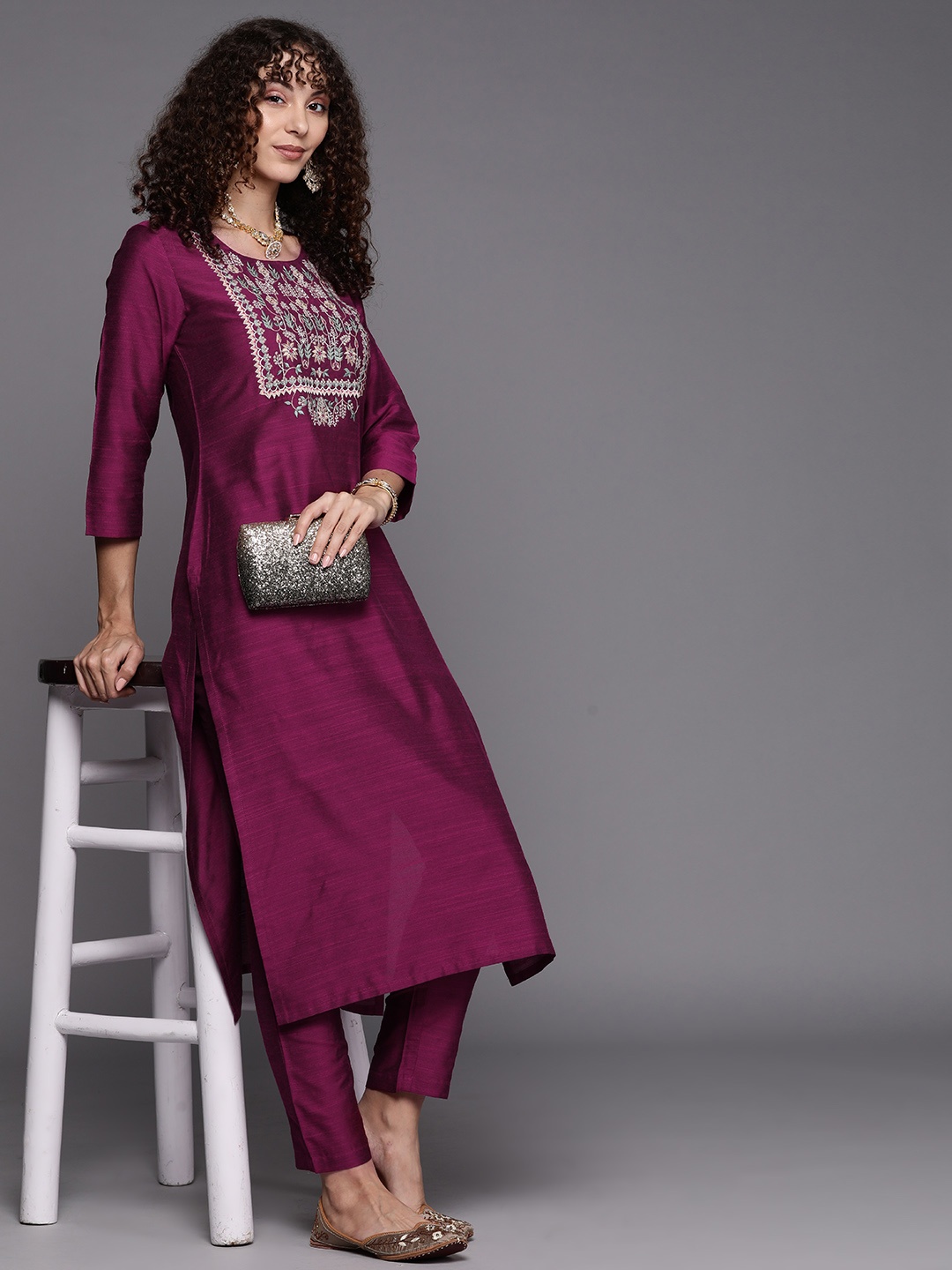 

Inddus Women Floral Yoke Design Thread Work Kurta With Trousers, Maroon