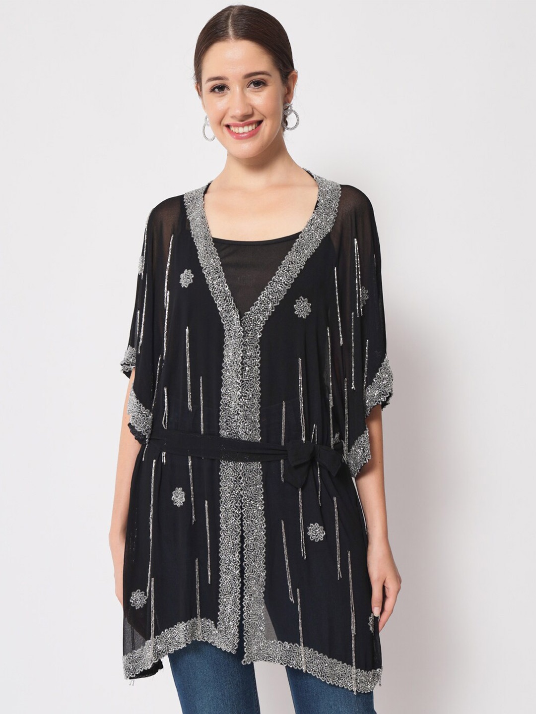 

LE BOURGEOIS Embellished Georgette Kaftan Dress, Black