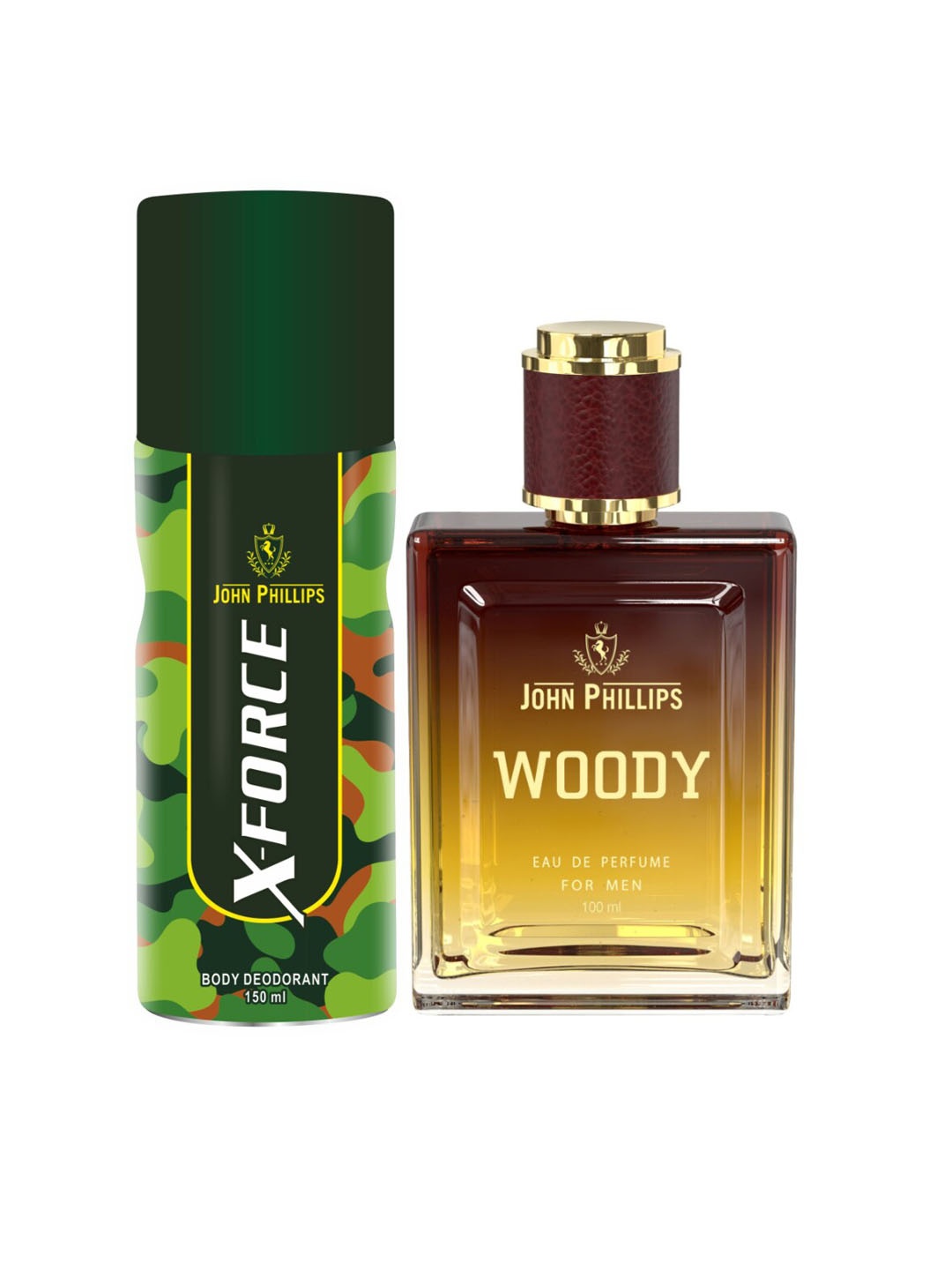 

JOHN PHILLIPS Set of X-Force Deodorant 150 ml + Woody Eau De Parfum 100 ml, Brown