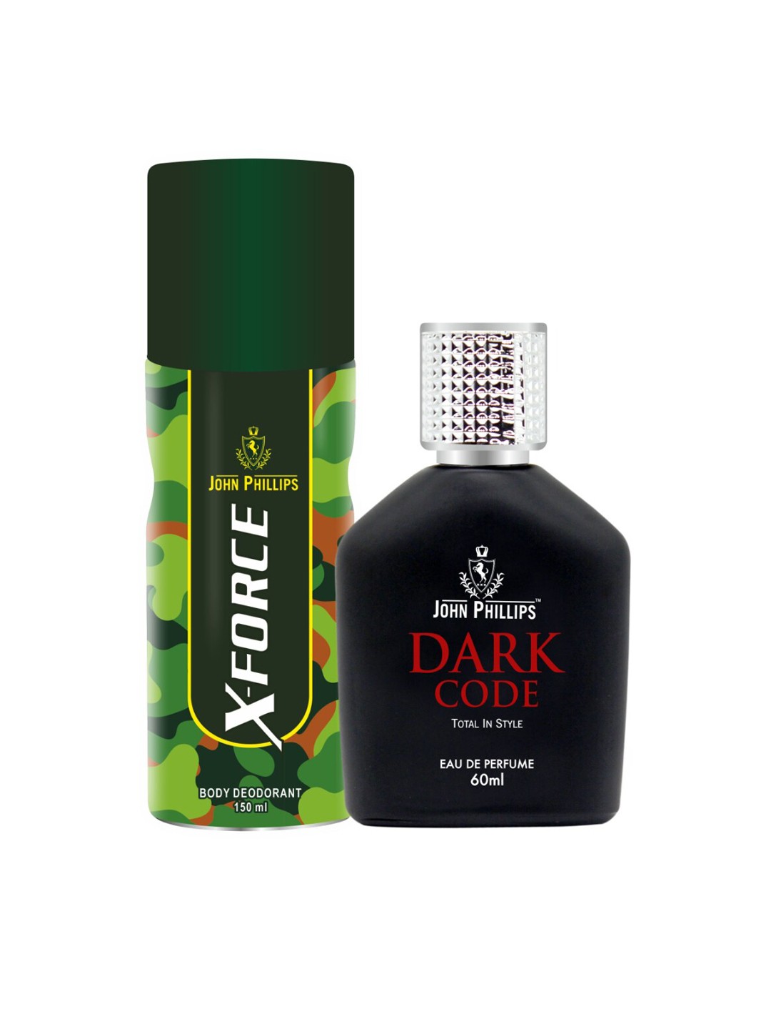 

JOHN PHILLIPS Set Of Dark Code Total In Style Eau De Parfum 60ml & X Force Deodorant 150ml, Green