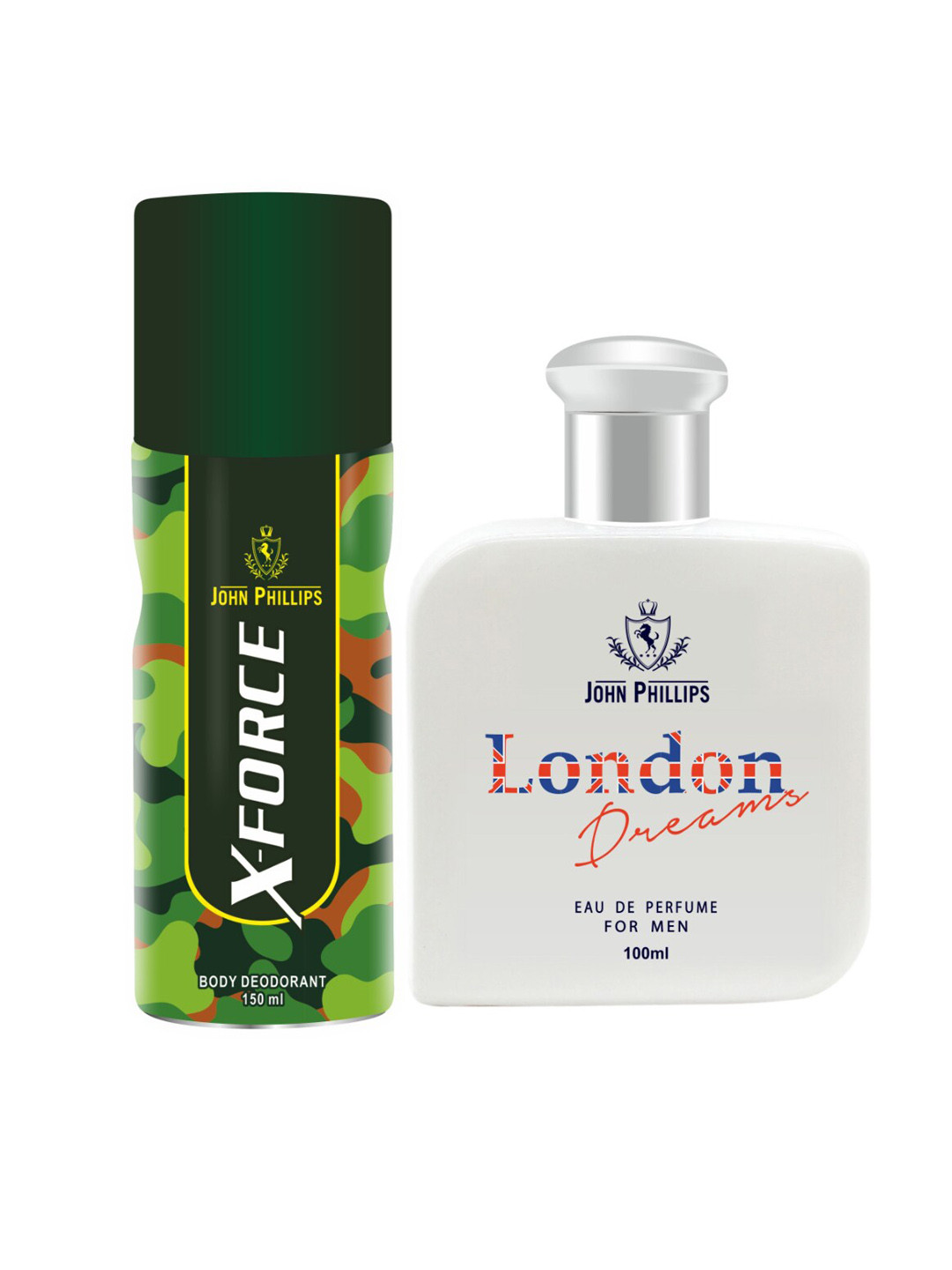 

JOHN PHILLIPS Unisex Set Of London Dreams & X-Force Deodorant - 100ml+150ml, Green