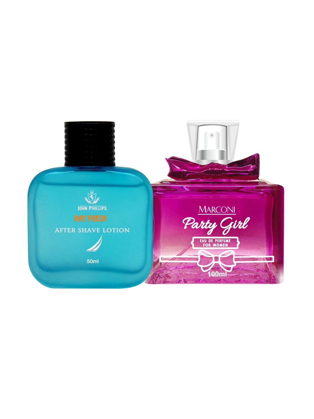 

JOHN PHILLIPS Set Of 2 Day Fresh After Shave Lotion & Marconi Party Girl Perfume, Blue