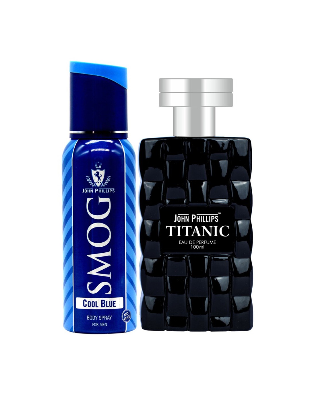 

JOHN PHILLIPS Set Of 2 Smog Cool Blue No Gas Deodorant & Titanic Perfume