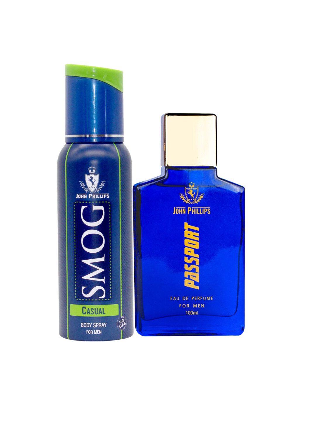 

JOHN PHILLIPS Set Of 2 Passport Perfume & Smog Casual No Gas Deodorant 100ml+120ml, Blue