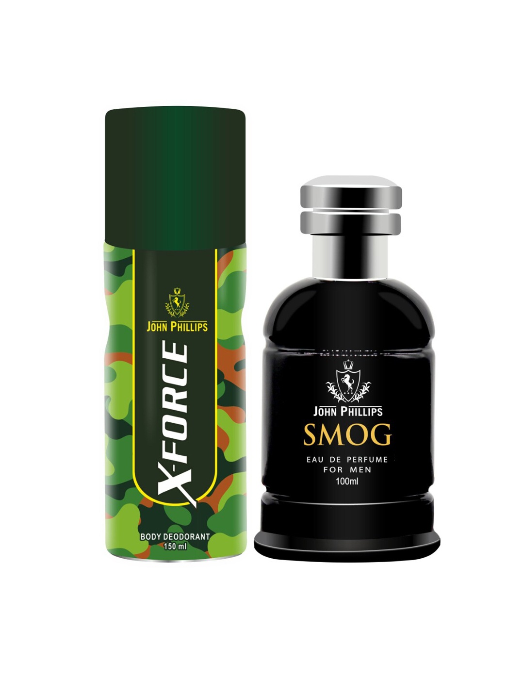 

JOHN PHILLIPS Set Of 2 Smog Perfume & X Force Deodorant 100ml+150ml, Black