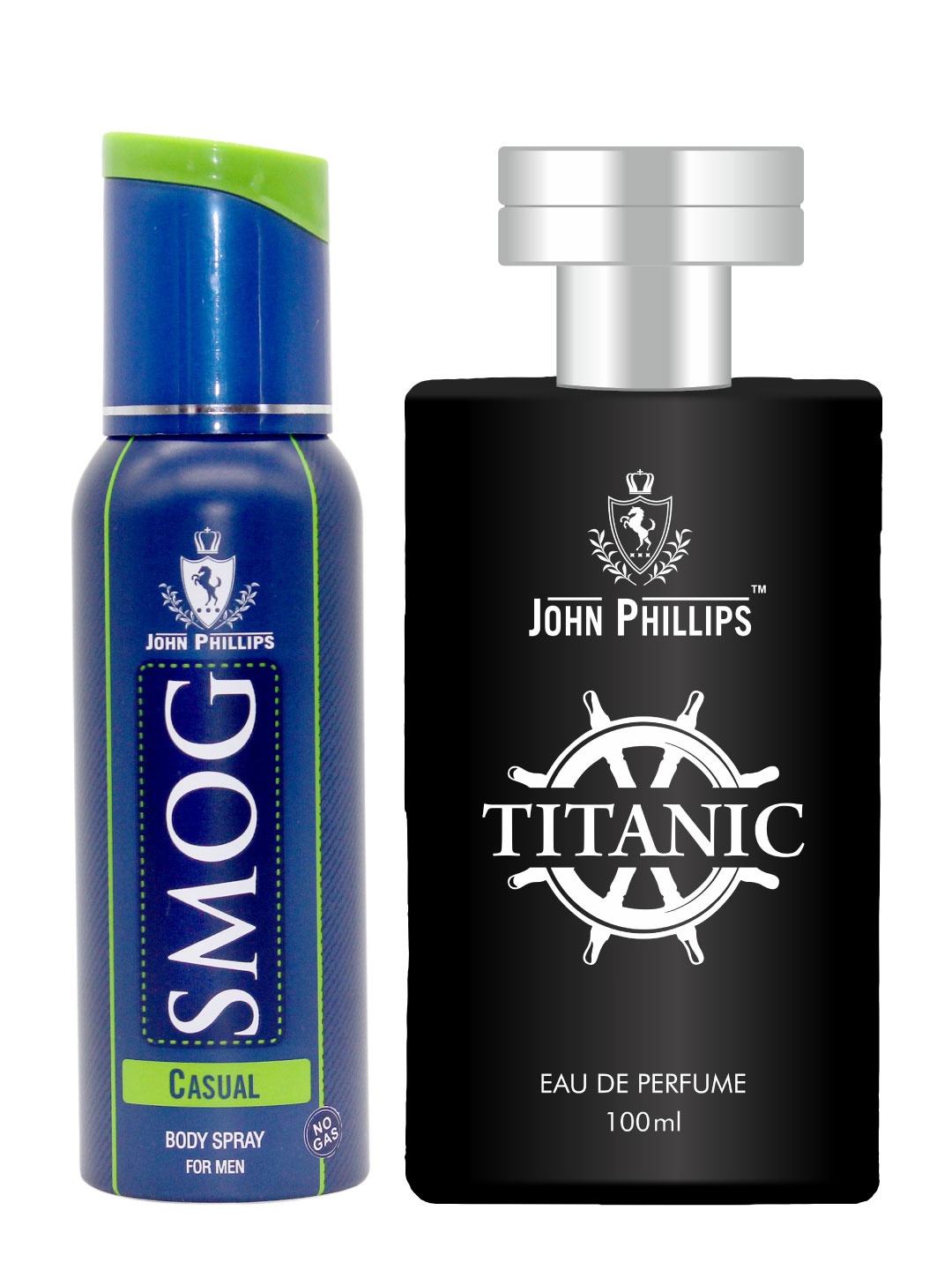 

JOHN PHILLIPS Set Of 2 Smog Casual Deo & Titanic Perfume 120ml+100ml, Black