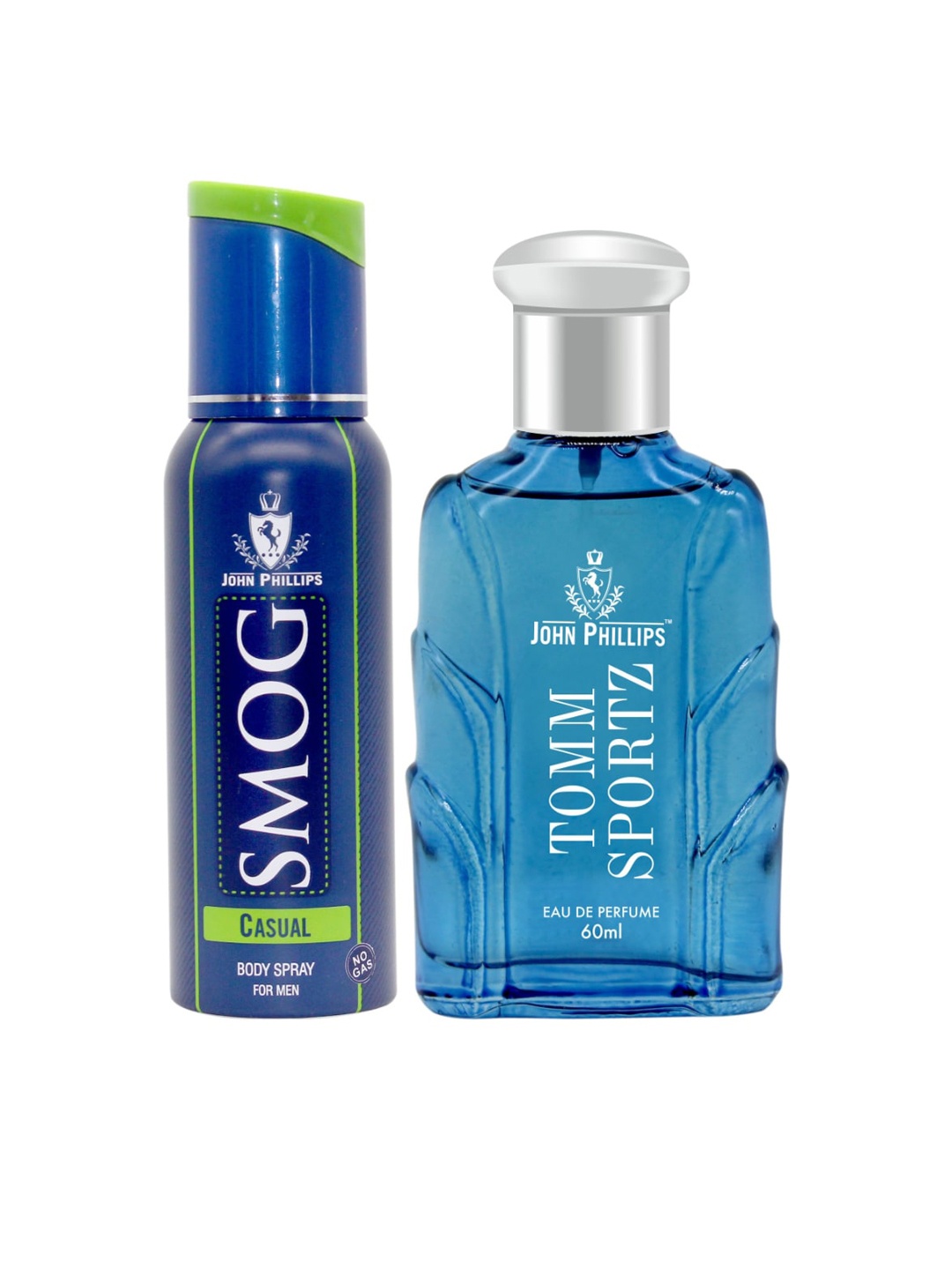

JOHN PHILLIPS Set Of 2 Smog Casual Deo 120 ml & Tomm Spotz Perfume 60 ml, Blue