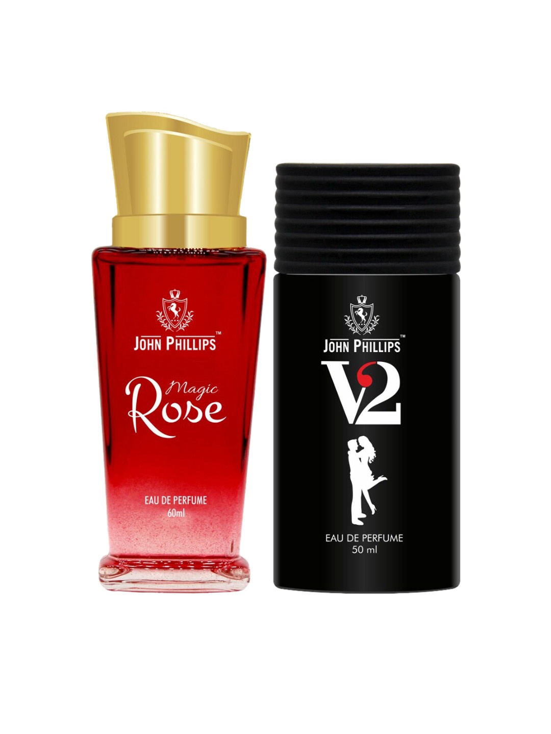

JOHN PHILLIPS Set of 2 Long Lasting Eau De Parfum - V2 50 ml & Magic Rose 60 ml, Black