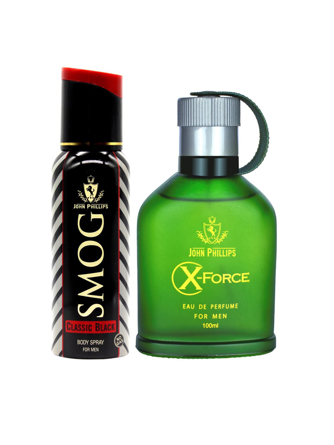 

JOHN PHILLIPS Men Set of 2 Smog Class Black Deodorant 120 ml & X-Force Perfume 100 ml, Green