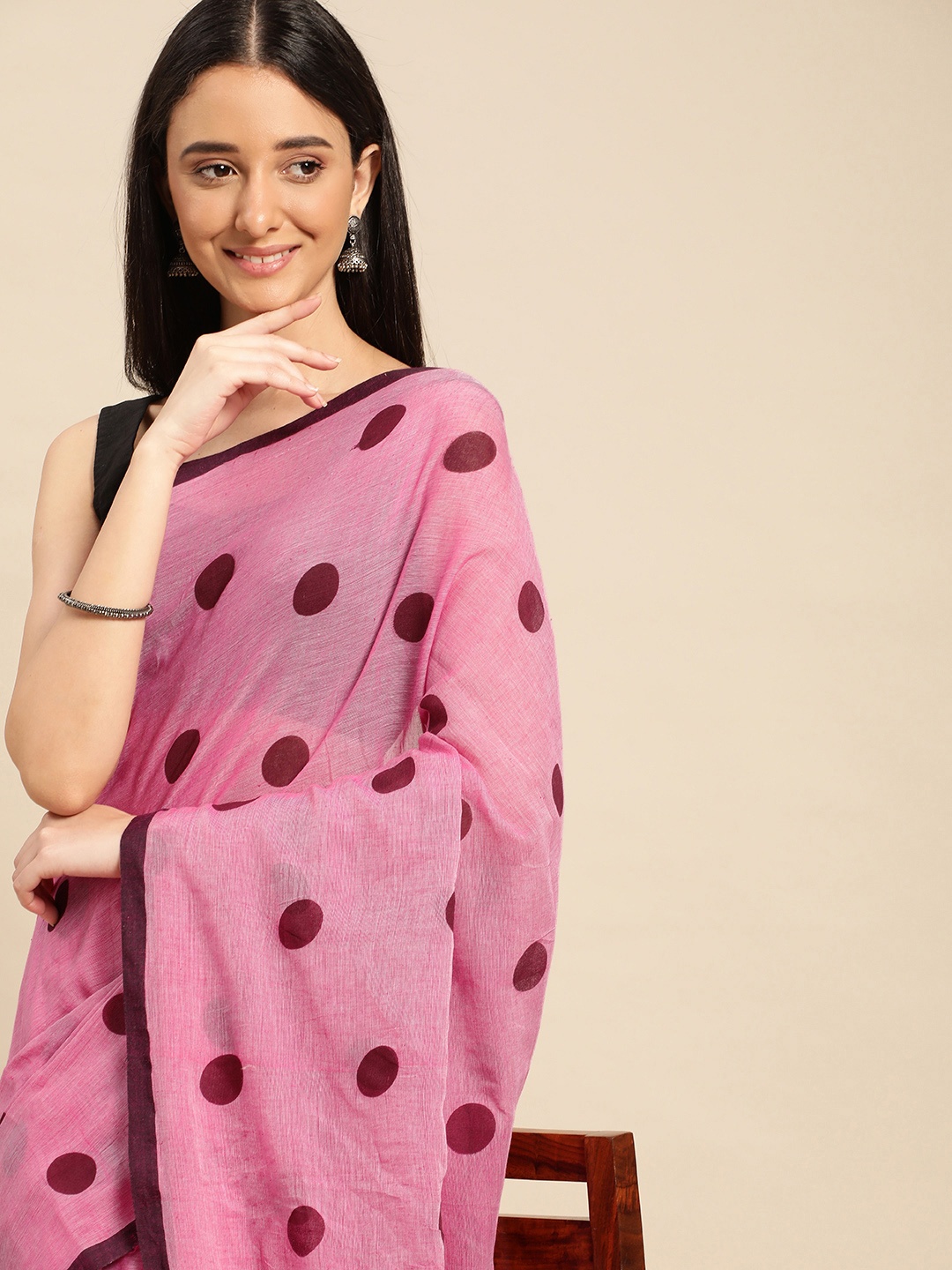 

DESH BIDESH Polka Dots Pure Cotton Taant Saree, Pink