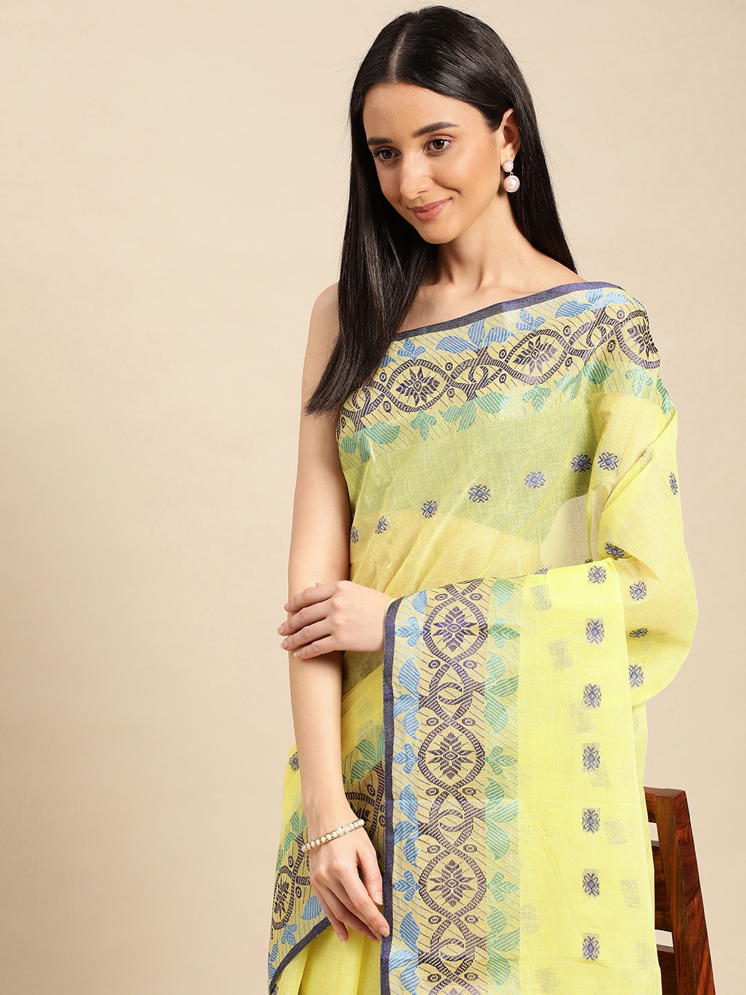 

DESH BIDESH Ethnic Motifs Pure Cotton Taant Saree, Yellow