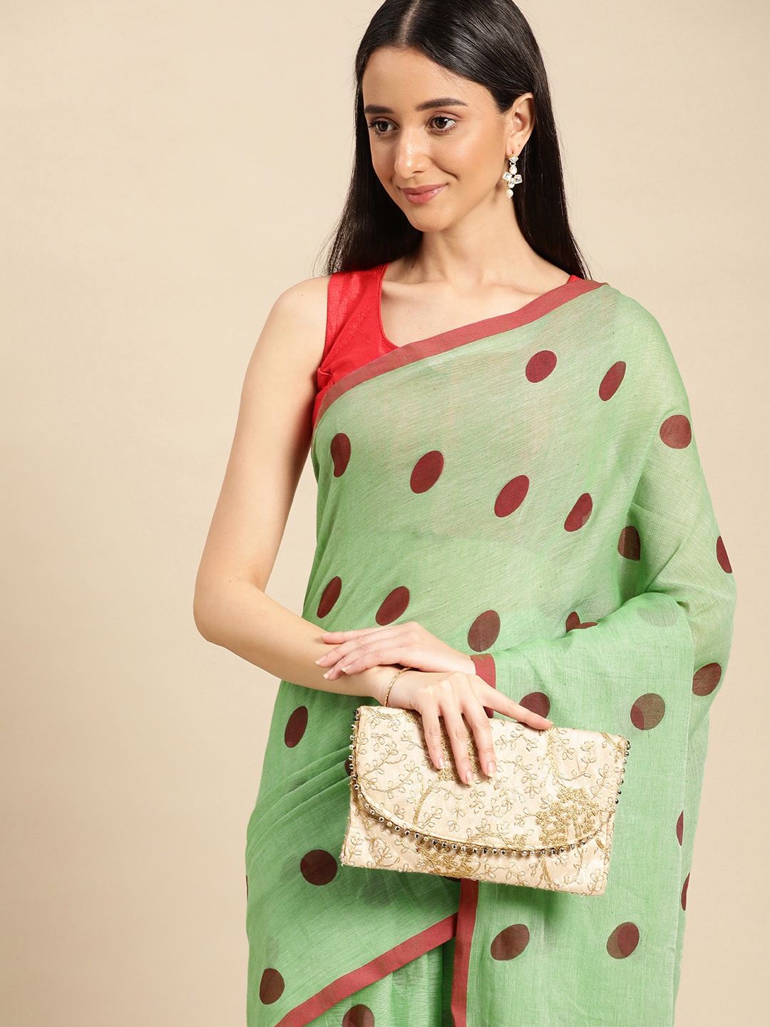 

DESH BIDESH Polka Dots Pure Cotton Taant Saree, Green
