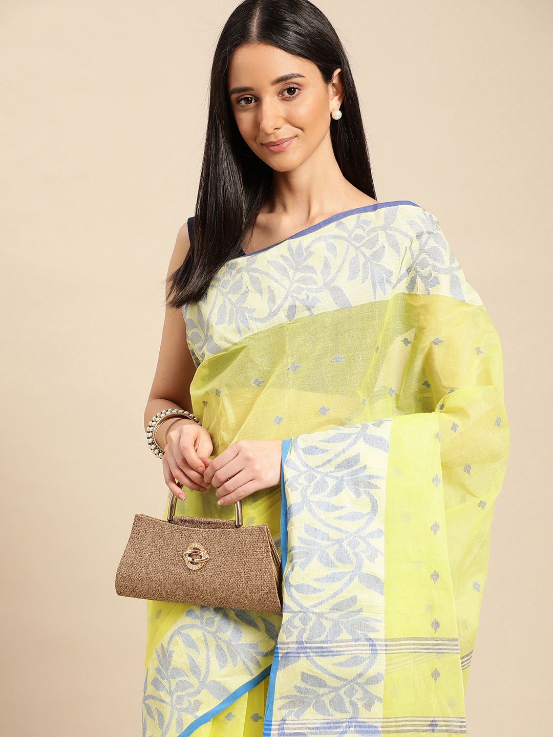 

DESH BIDESH Ethnic Motifs Pure Cotton Taant Saree, Yellow