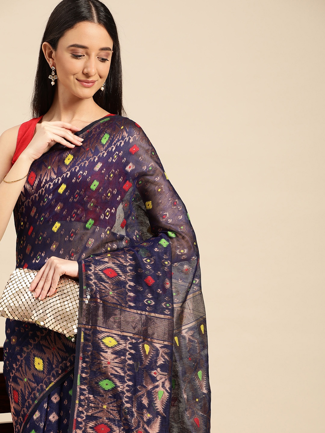 

DESH BIDESH Woven Design Ethnic Motifs Zari Pure Cotton Jamdani Saree, Blue