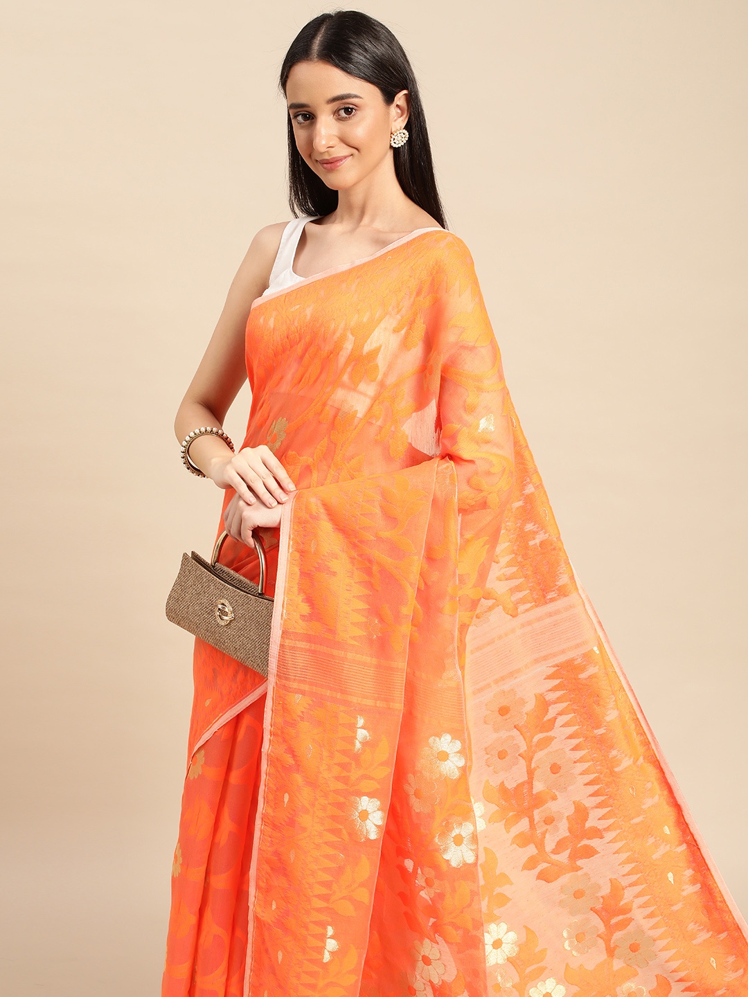 

DESH BIDESH Woven Design Ethnic Motifs Pure Cotton Jamdani Saree, Orange