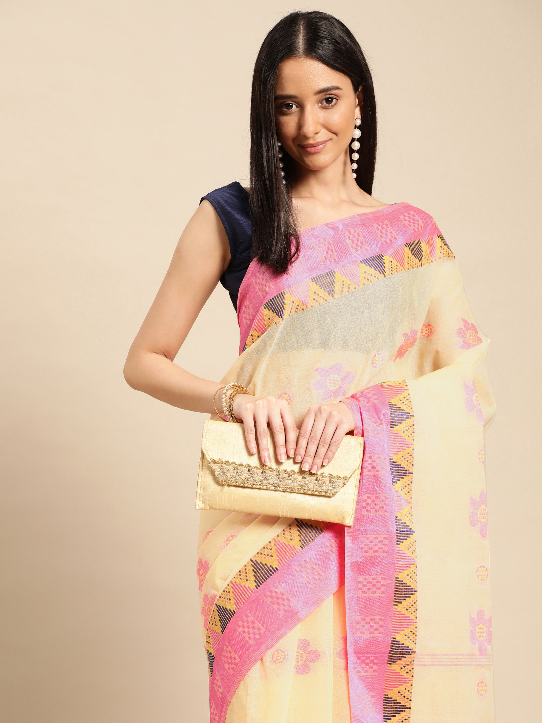 

DESH BIDESH Ethnic Motifs Pure Cotton Taant Saree, Pink