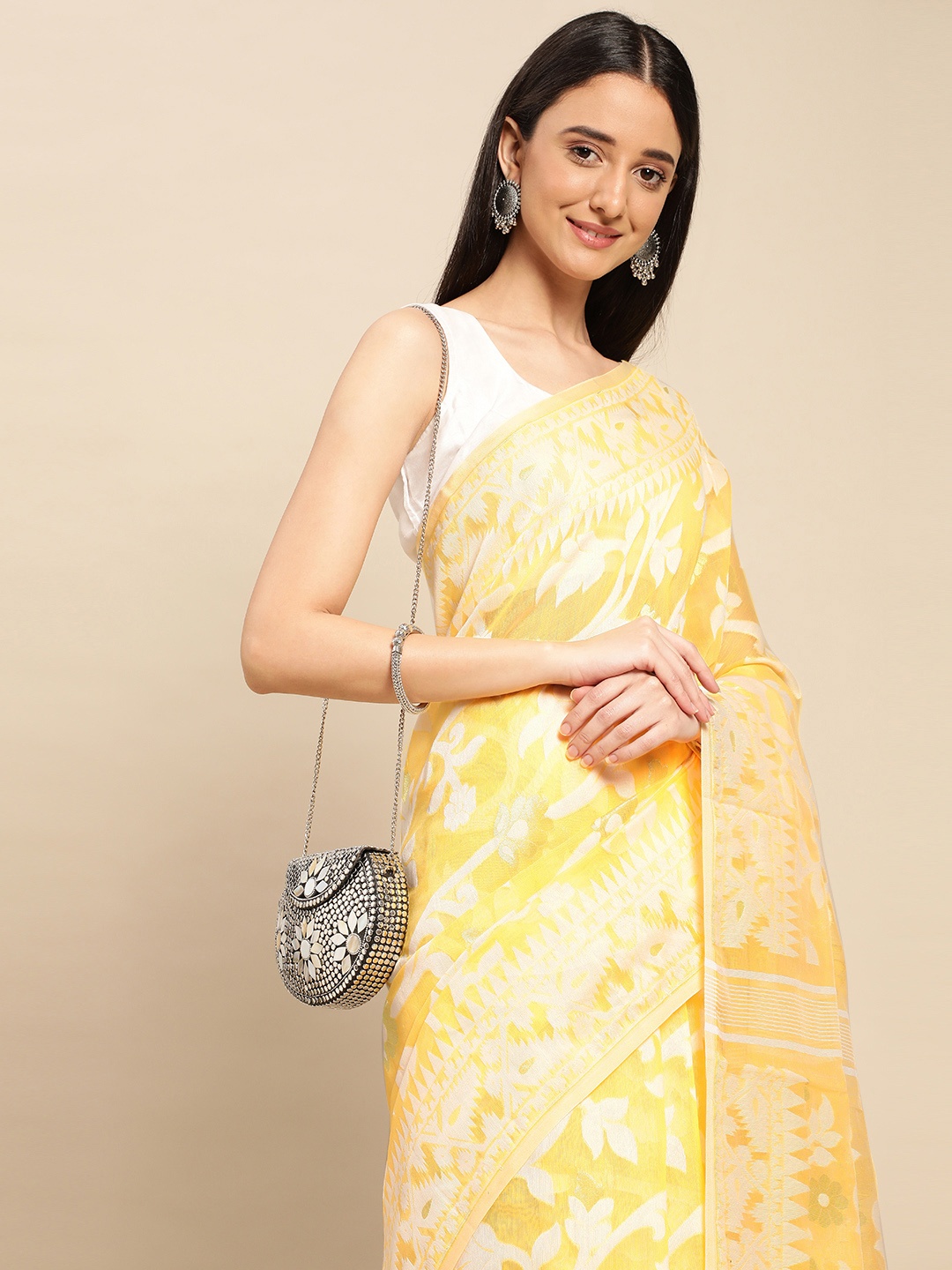 

DESH BIDESH Woven Design Ethnic Motifs Pure Cotton Jamdani Saree, Yellow