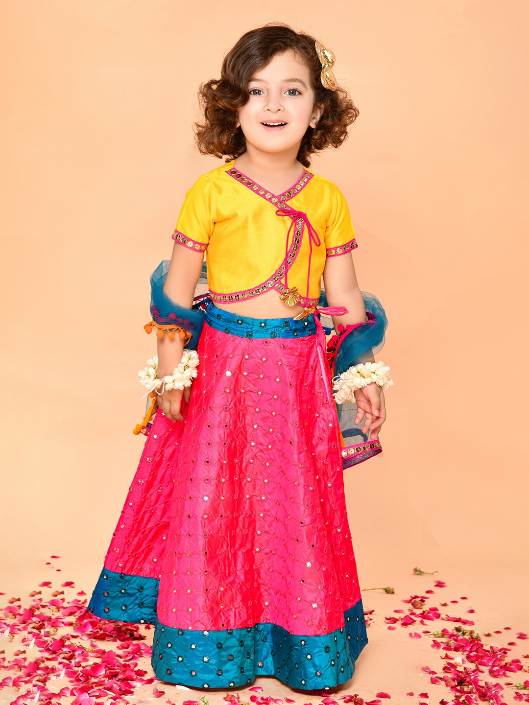 

SAKA DESIGNS Girls Embellished Mirror Work Ready to Wear Lehenga & Blouse With Dupatta, Yellow