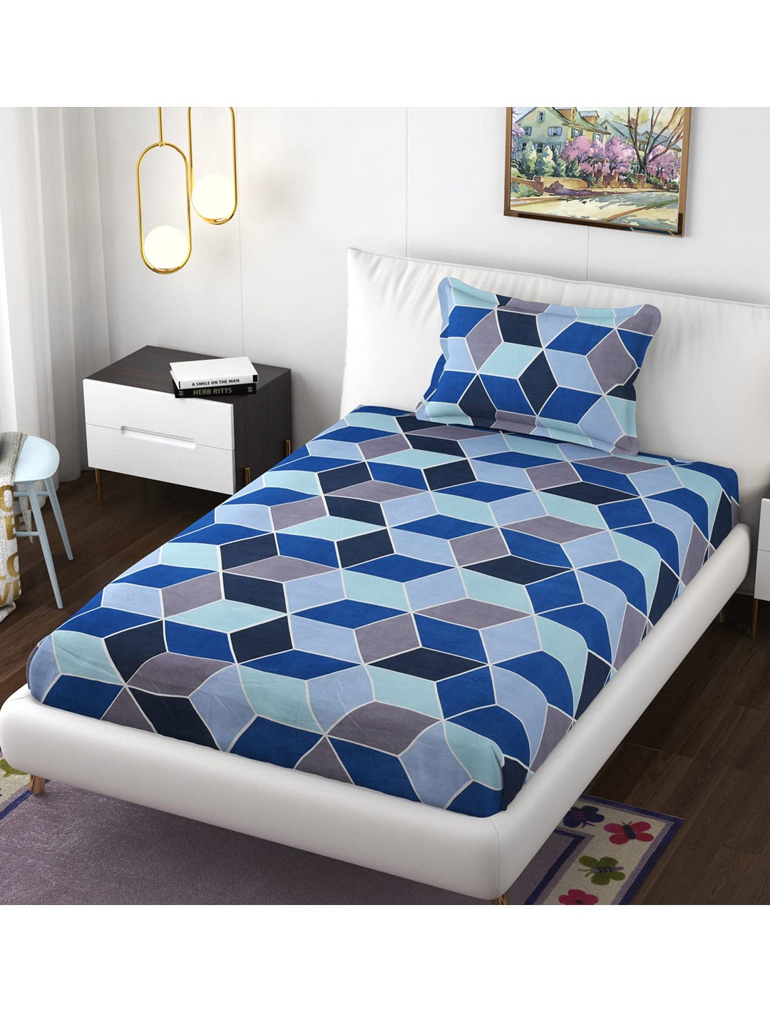 

Bajo's Blue & Grey Geometric 220 TC Flat Single Bedsheet with 1 Pillow Cover