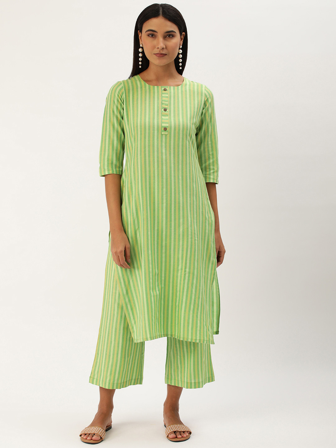 

Saanjh Women Striped Pure Cotton Kurta With Trousers, Green