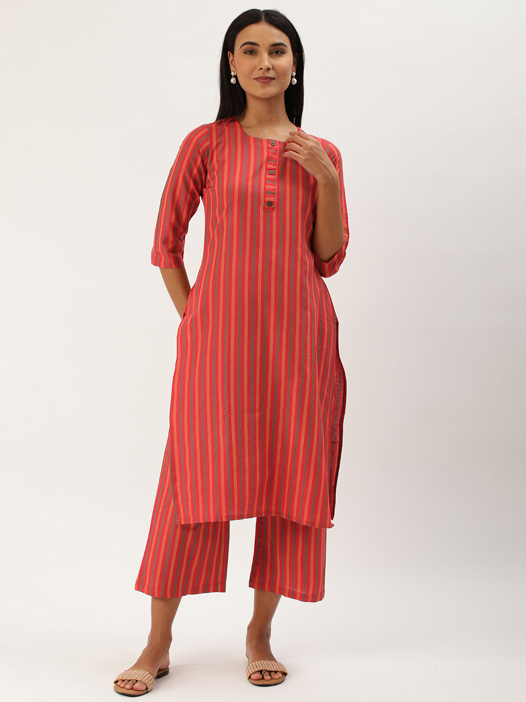 

Saanjh Women Striped Pure Cotton Kurta With Trousers, Red
