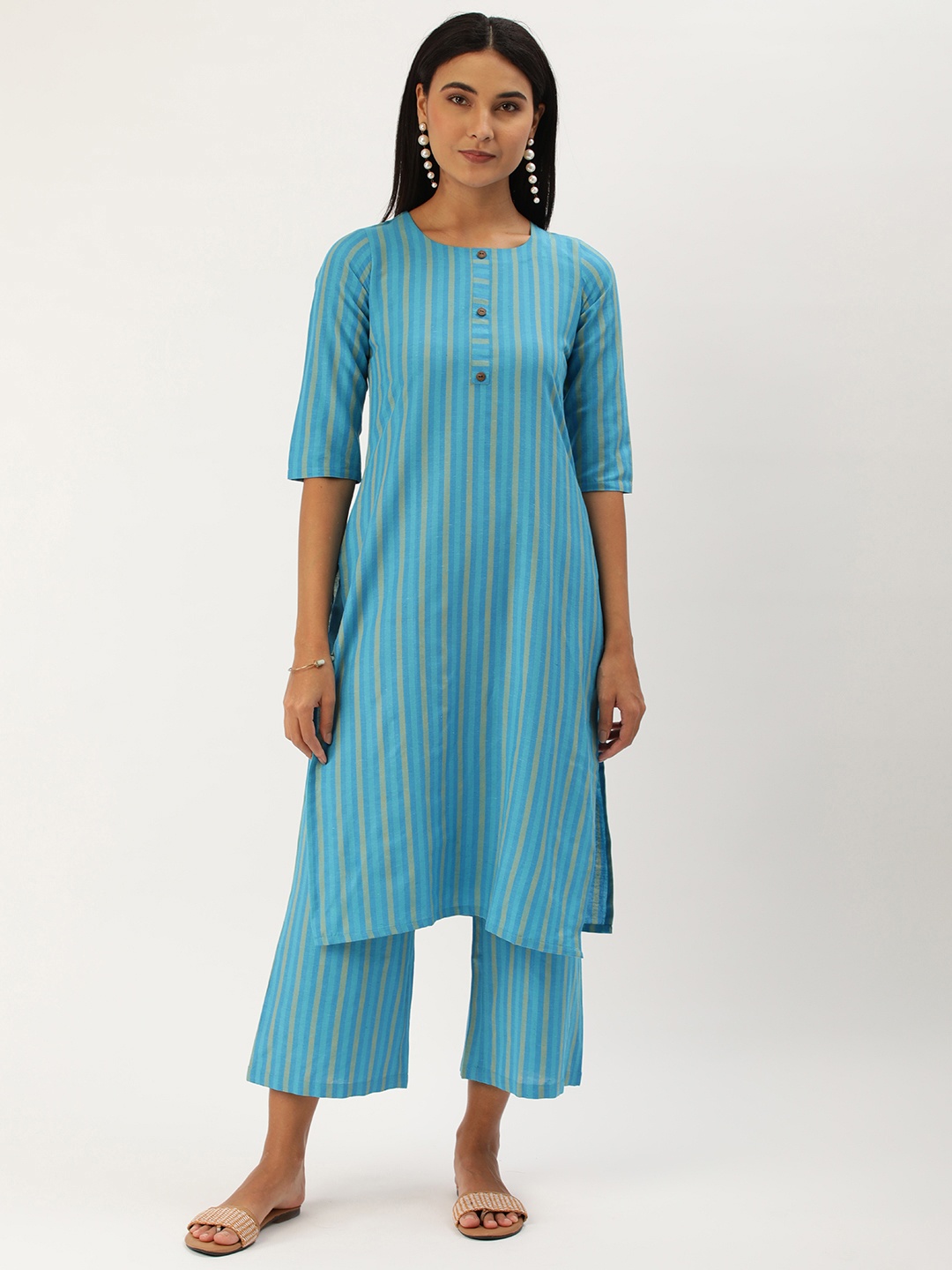 

Saanjh Women Striped Pure Cotton Kurta With Trousers, Blue