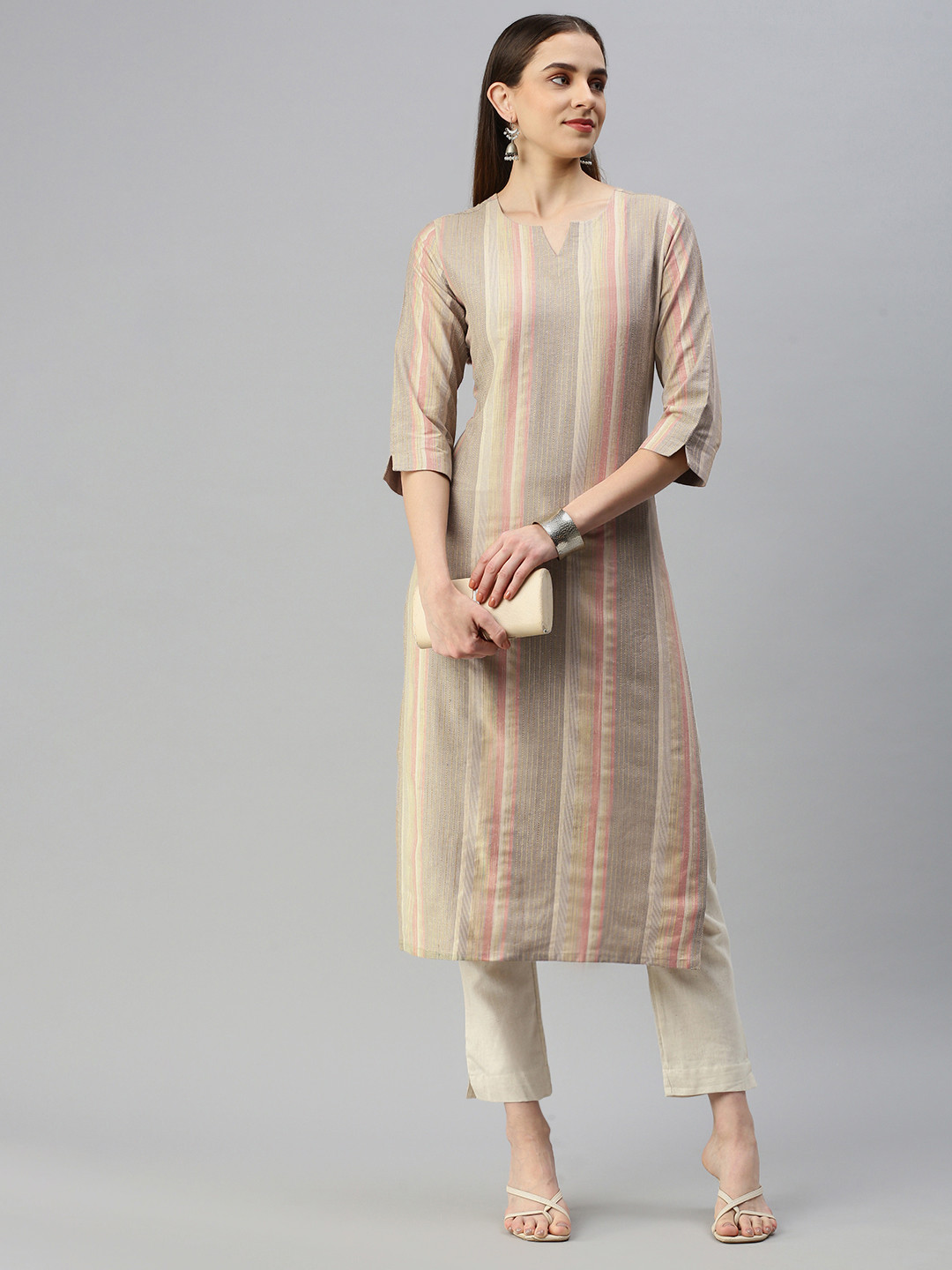 

KALINI Woven Design Striped Straight Kurta, Beige