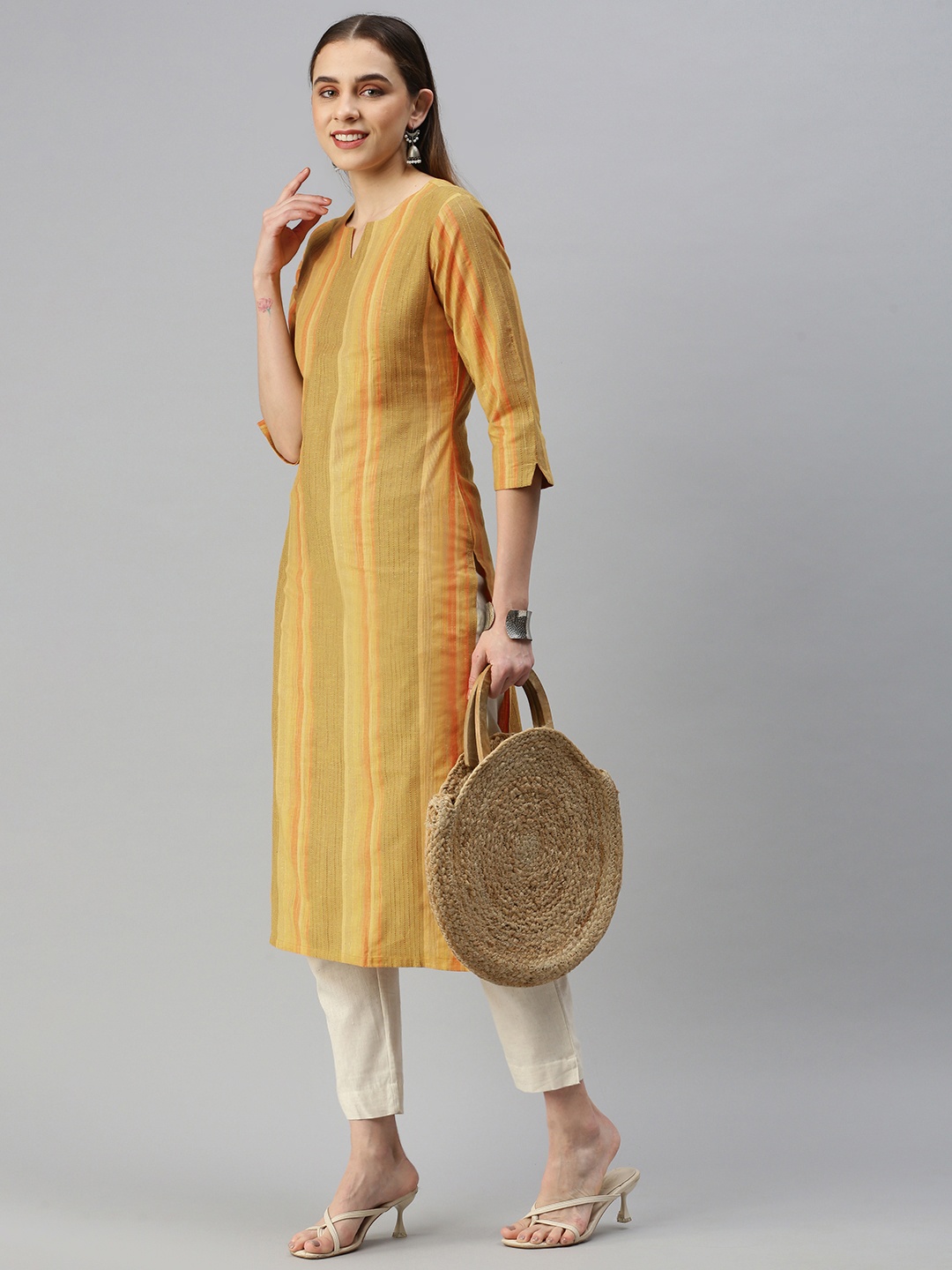 

KALINI Woven Design Striped Straight Kurta, Yellow