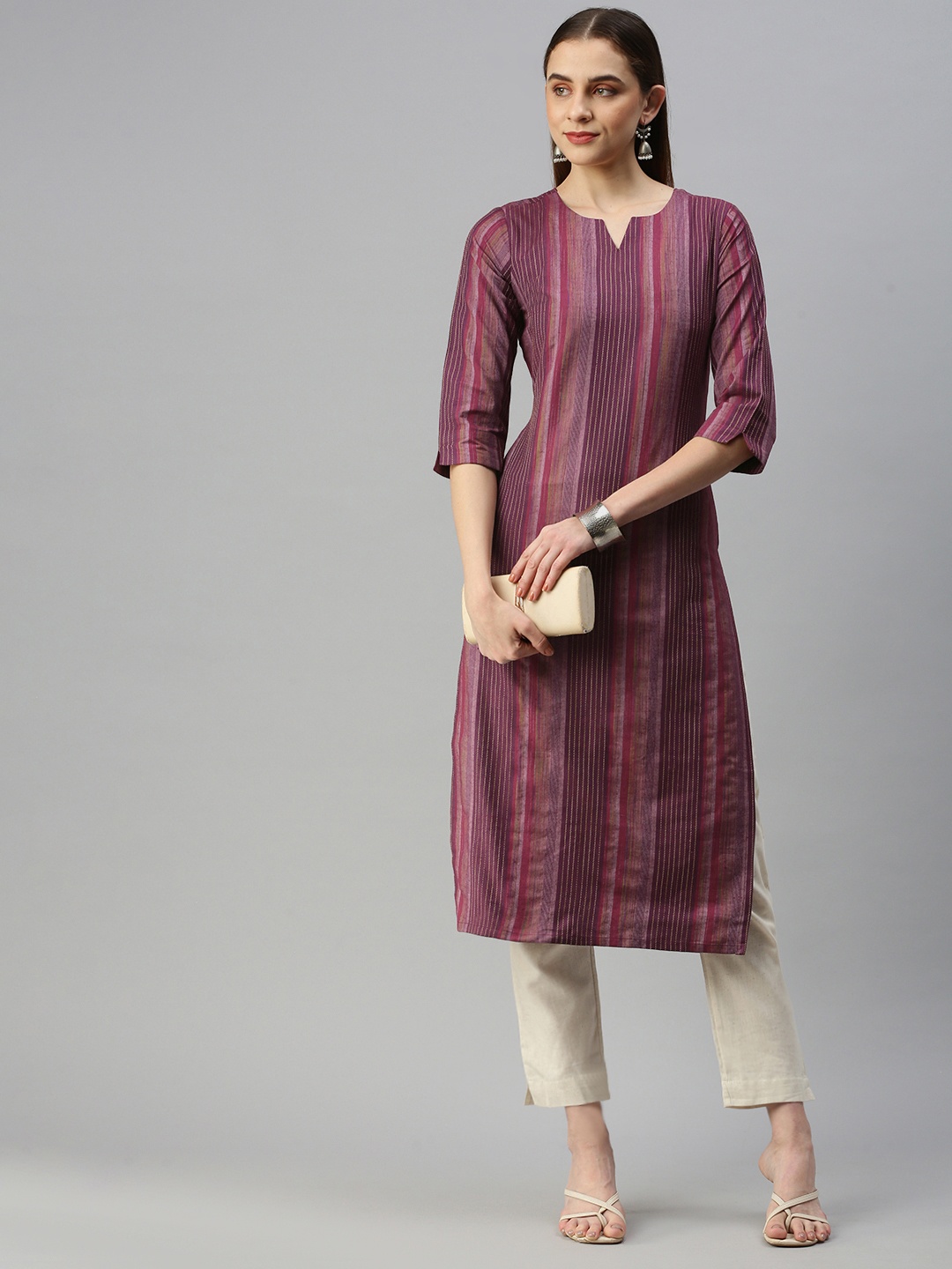 

KALINI Woven Design Striped Straight Kurta, Maroon