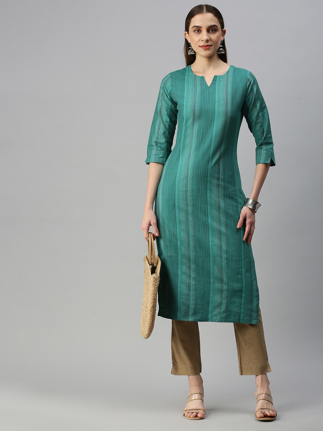 

KALINI Woven Design Striped Straight Kurta, Green